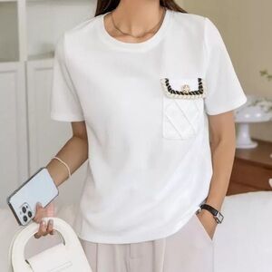 White Blouse Top XL with Beaded Textured Pocket by DAZY NWT